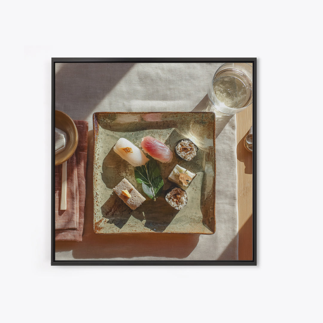 Sushi Fish and Ceramic Plate Composition Framed Canvas Print, Restaurant Art, Textured Painting, Restaurant Decor, Bistro, RES-1x1-29