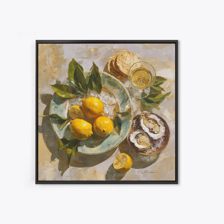 Oyster Platter with Lemons and Champagne Canvas Print, Restaurant Art, Kitchen Wall Art, Restaurant Decor, Abstract Art, Bistro, RES-1x1-3