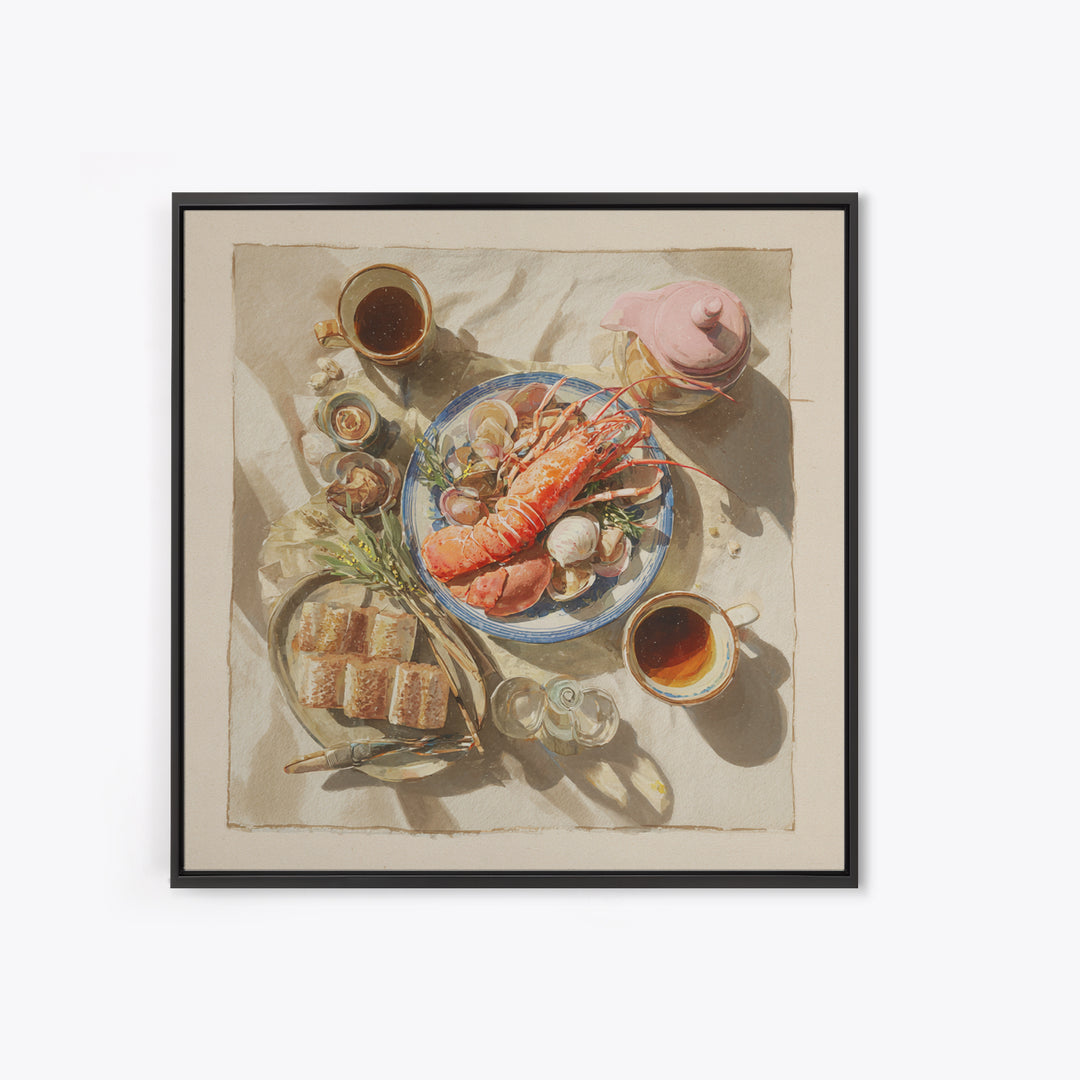 Seafood Lobster and Shell Arrangement Framed Canvas Print, Restaurant Art, Gallery Decor, Restaurant Decor, Fine Art, Bistro, RES-1x1-32