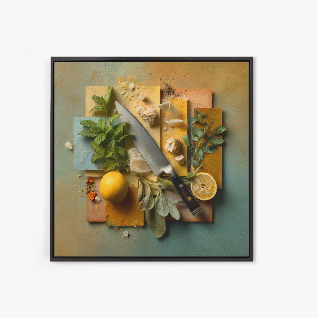 Chef Knife Herbs and Cutting Board Still Framed Canvas Print, Restaurant Art, Boho Decor, Restaurant Decor, Oil Painting, RES-1x1-37