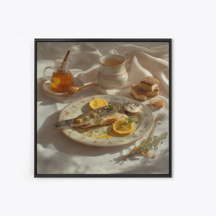 Fresh Fish with Lemon and Herbs Framed Canvas Print, Restaurant Art, Kitchen Art, Restaurant Decor, Fine Art, Bistro, RES-1x1-47