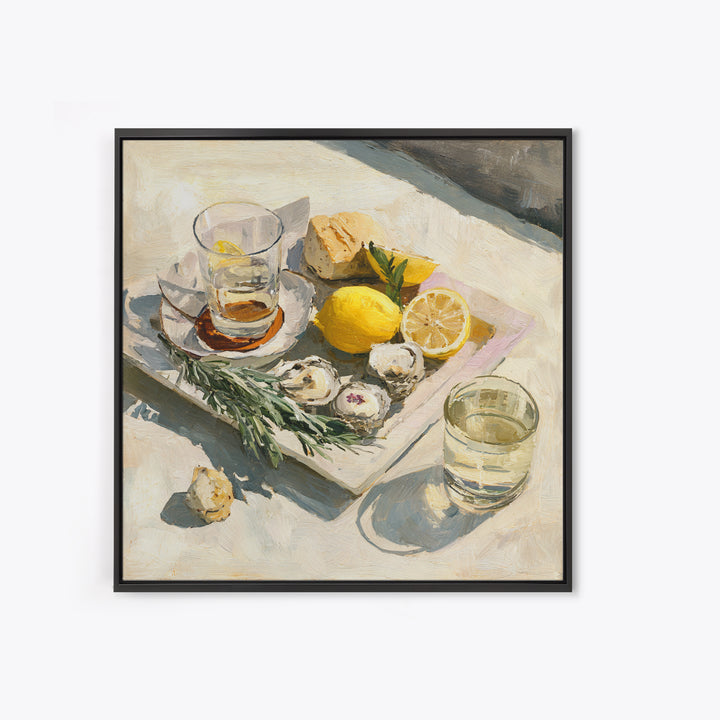 Oyster Platter with Lemons and Champagne Framed Canvas Print, Restaurant Art, Food Art, Restaurant Decor, Oil Painting, Bistro, RES-1x1-51