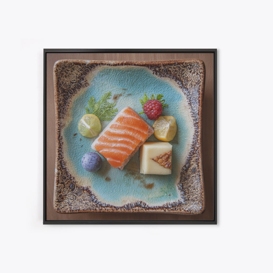 Sushi Fish and Ceramic Plate Composition Framed Canvas Print, Restaurant Art, Textured Painting, Restaurant Decor, Bistro, RES-1x1-53
