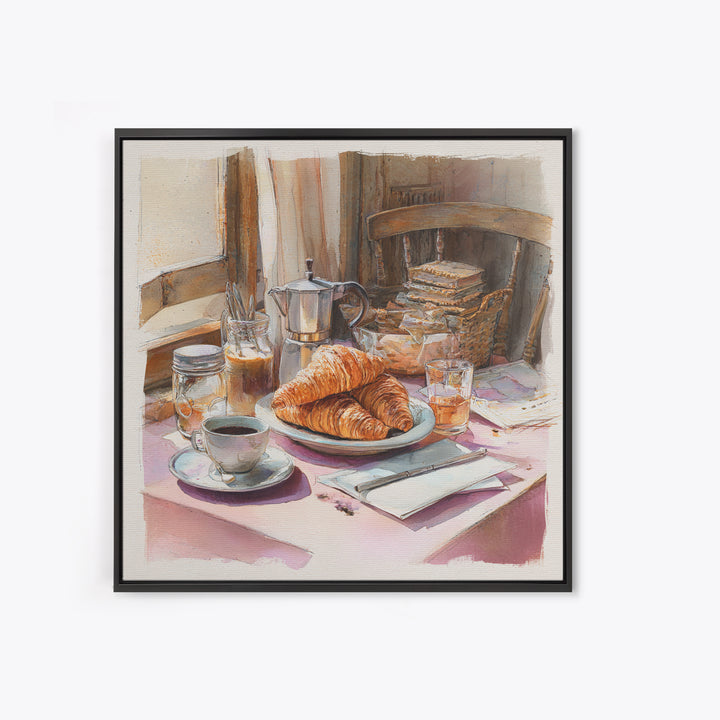 French Bistro Coffee and Croissant Still Life Canvas Print, Restaurant Art, Food Art, Restaurant Decor, Oil Painting, Bistro, RES-1x1-54