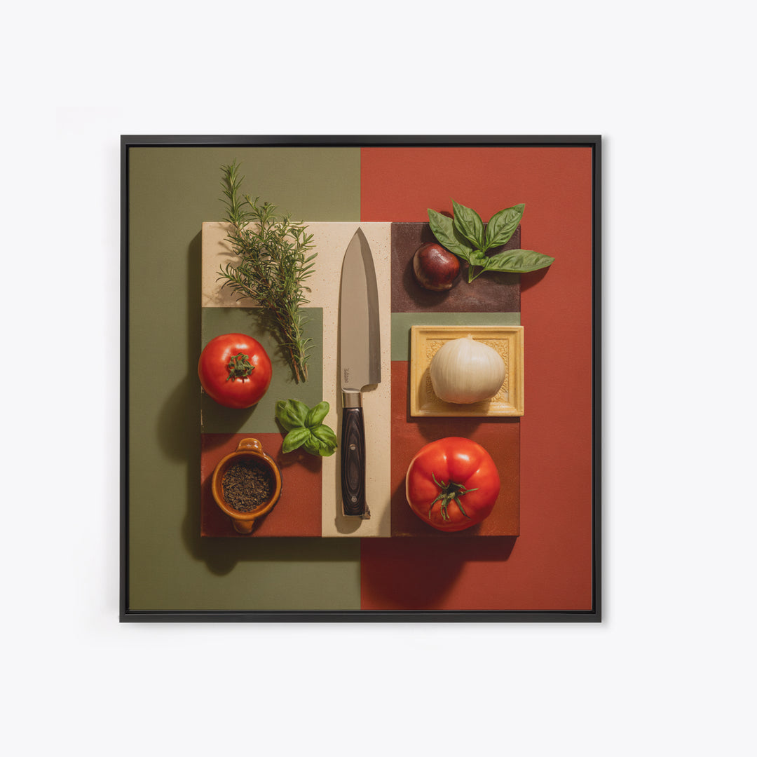 Chef Knife Herbs and Cutting Board Still Framed Canvas Print, Restaurant Art, Boho Decor, Restaurant Decor, Oil Painting, RES-1x1-61