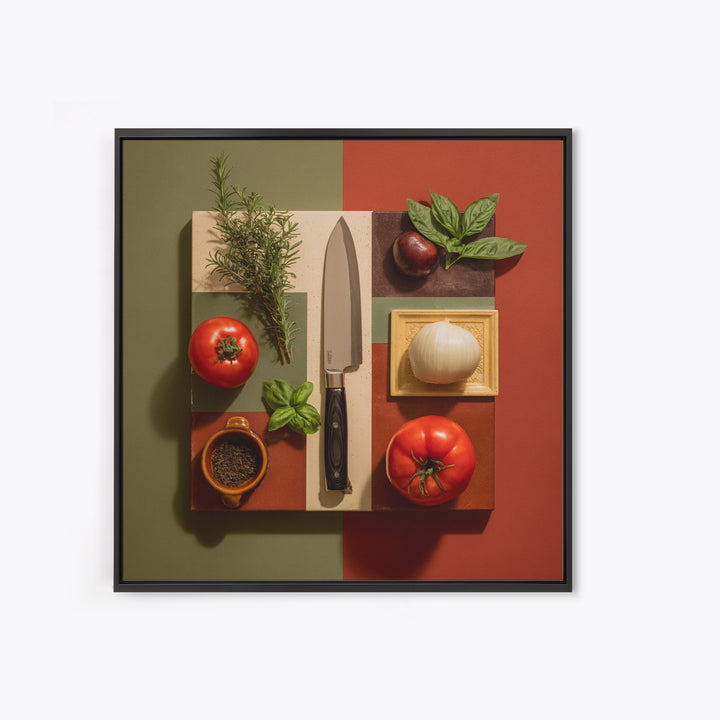 Chef Knife Herbs and Cutting Board Still Framed Canvas Print, Restaurant Art, Boho Decor, Restaurant Decor, Oil Painting, RES-1x1-61