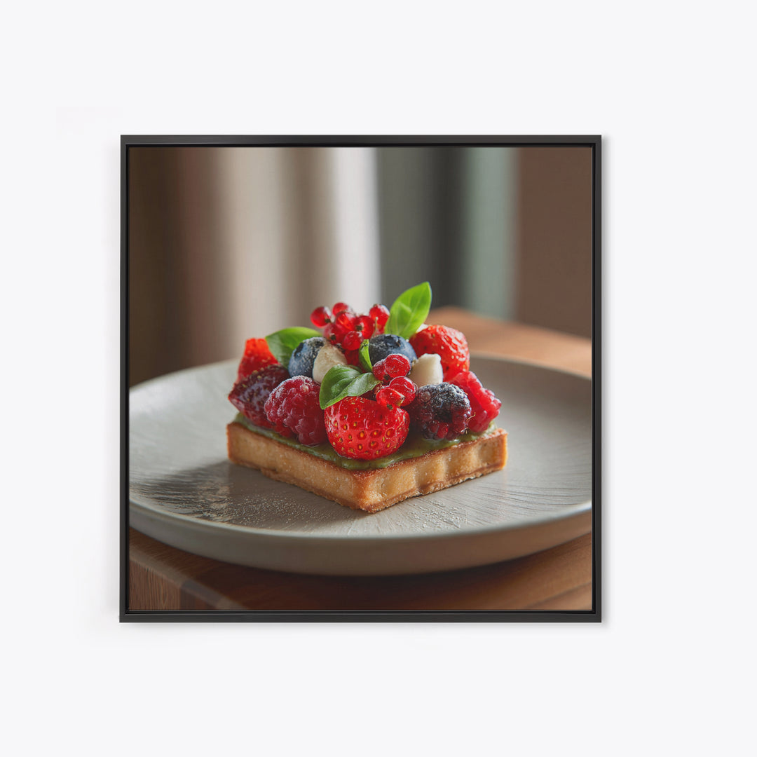 Dessert Tart with Berries and Cream Framed Canvas Print, Restaurant Art, Living Room Decor, Restaurant Decor, Fine Art, Bistro, RES-1x1-64