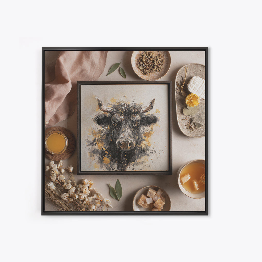 Steakhouse Black and Gold Bull Portrait Framed Canvas Print, Restaurant Art, Digital Print, Restaurant Decor, Fine Art, Bistro, RES-1x1-7
