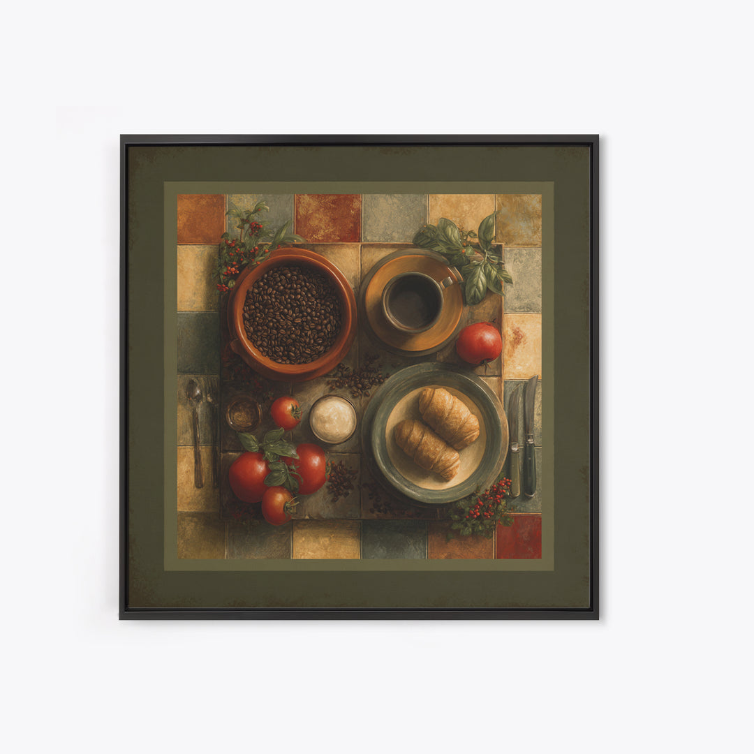 Coffee Beans and Pastry Arrangement Framed Canvas Print, Restaurant Art, Stained Glass Art, Restaurant Decor, Fine Art, Bistro, RES-1x1-70