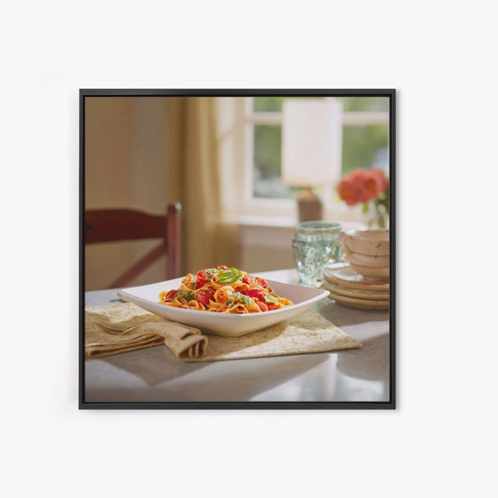 Fresh Pasta with Tomatoes and Basil Framed Canvas Print, Restaurant Art, Fine Art Print, Restaurant Decor, Fine Art, Bistro, RES-1x1-74