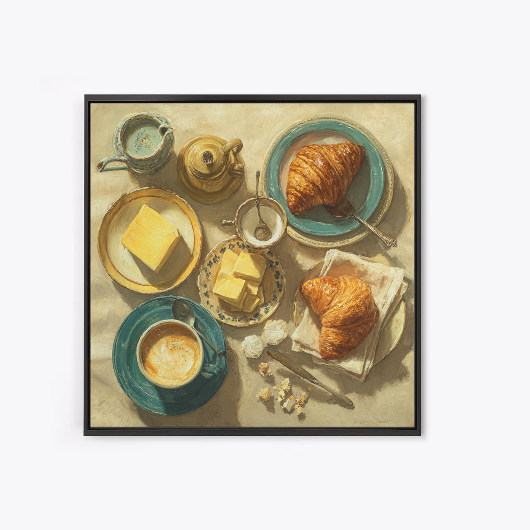 French Bistro Coffee and Croissant Still Life Framed Canvas Print, Restaurant Art, Statement Artwork, Restaurant Decor, Bistro, RES-1x1-78