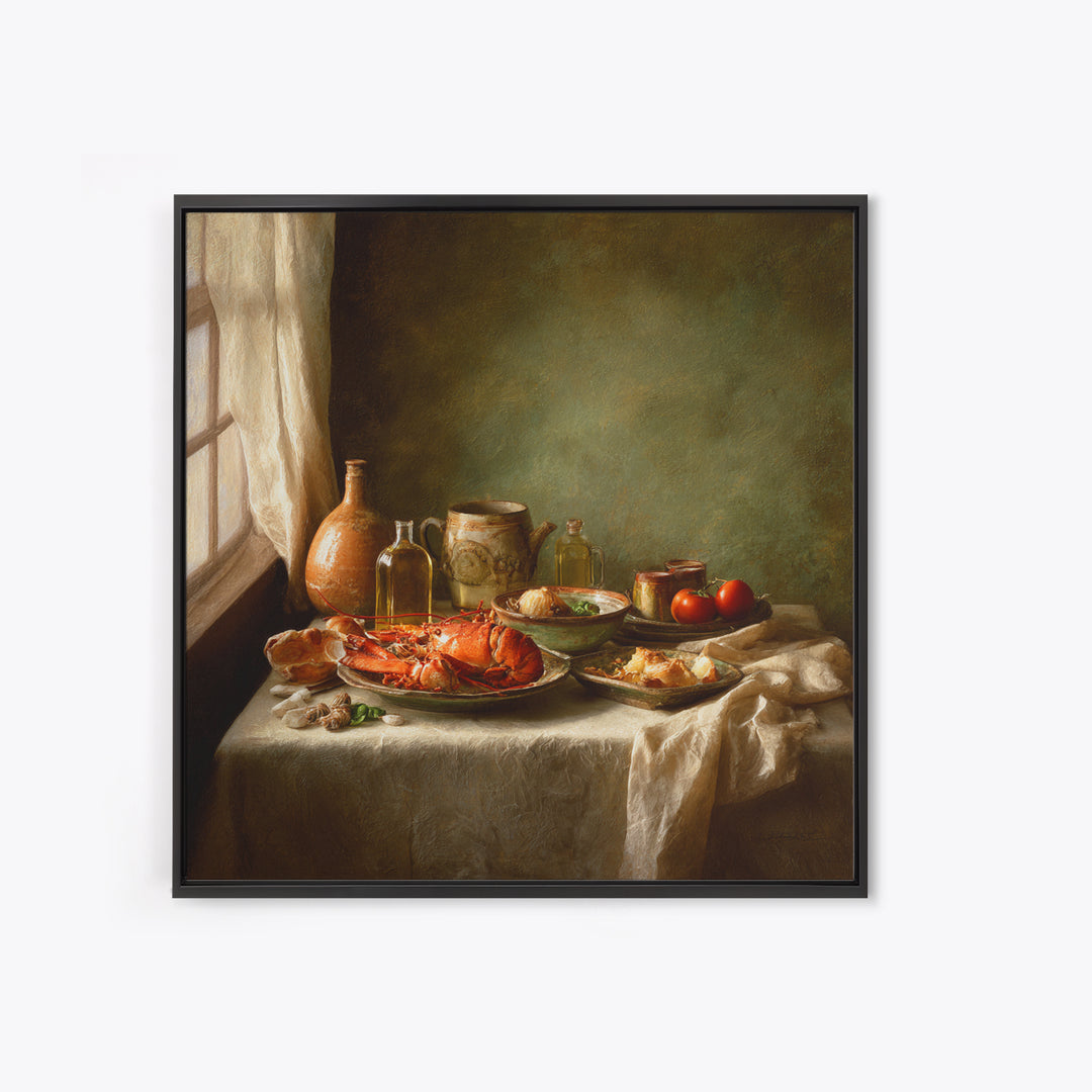 Seafood Lobster and Shell Arrangement Framed Canvas Print, Restaurant Art, Large Wall Art, Restaurant Decor, Fine Art, Bistro, RES-1x1-8