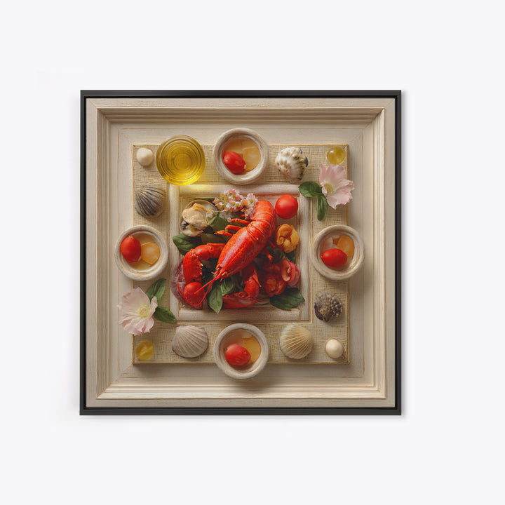 Seafood Lobster and Shell Arrangement Framed Canvas Print, Restaurant Art, Fine Art Print, Restaurant Decor, Fine Art, Bistro, RES-1x1-80