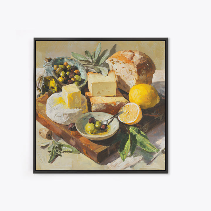 Mediterranean Olives Bread and Cheese Board Canvas Print, Restaurant Art, Wall Decor, Restaurant Decor, Fine Art, Bistro, RES-1x1-81