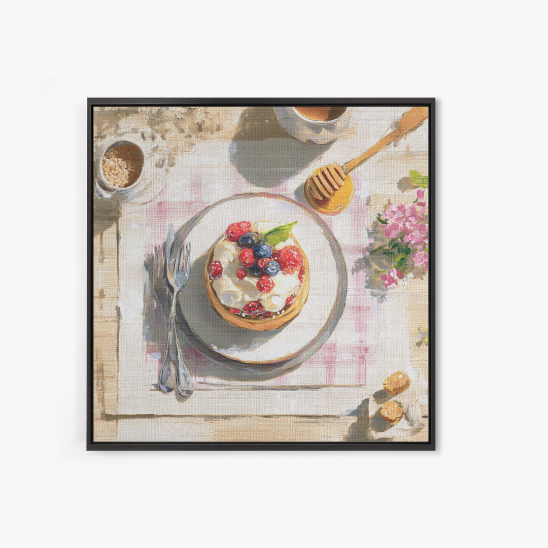 Dessert Tart with Berries and Cream Framed Canvas Print, Restaurant Art, Minimalist Decor, Restaurant Decor, Fine Art, Bistro, RES-1x1-88