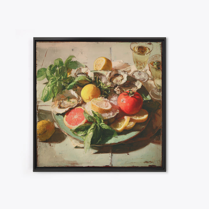 Oyster Platter with Lemons and Champagne Canvas Print, Restaurant Art, Wall Decor, Restaurant Decor, Fine Art, Bistro, RES-1x1-99