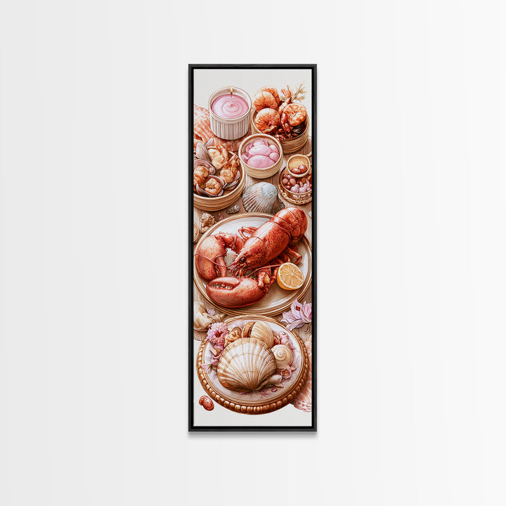 Seafood Lobster and Shell Arrangement Framed Canvas Print, Restaurant Art, Poster, Restaurant Decor, Fine Art, Bistro, RES-1x3-20
