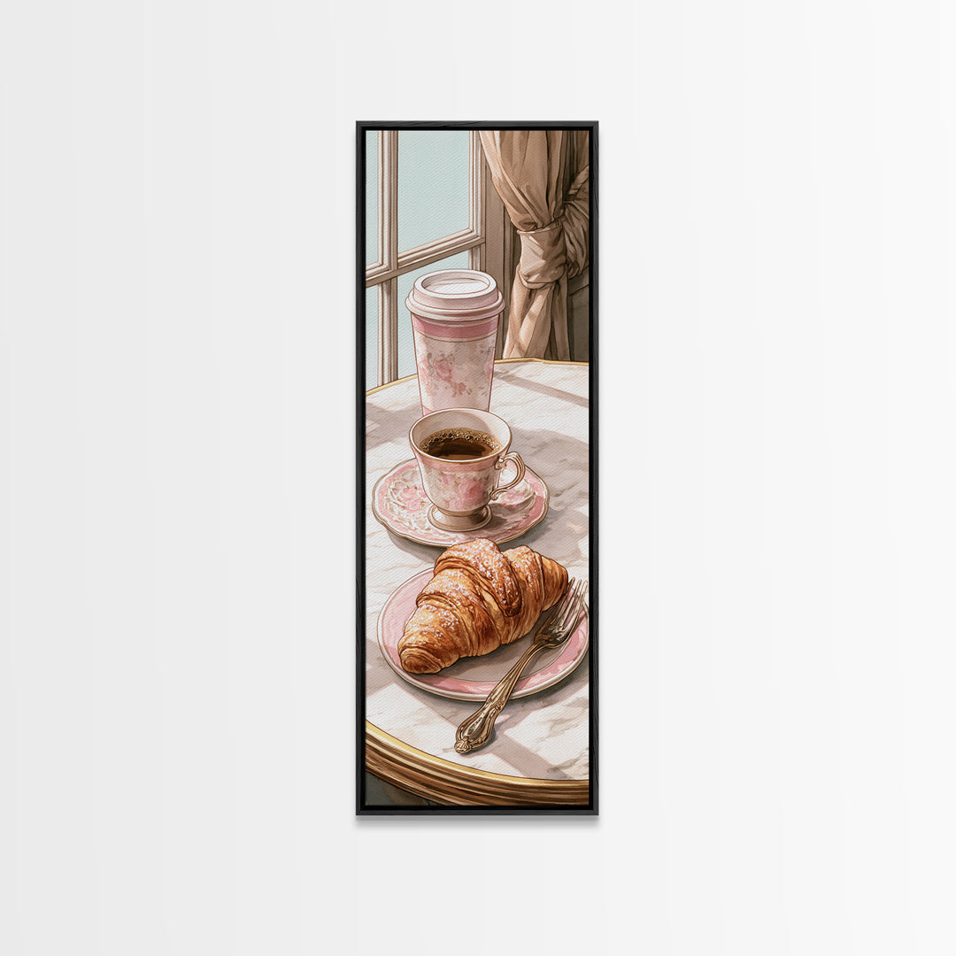 French Bistro Coffee and Croissant Still Life Canvas Print, Restaurant Art, Neutral Decor, Restaurant Decor, Fine Art, Bistro, RES-1x3-42