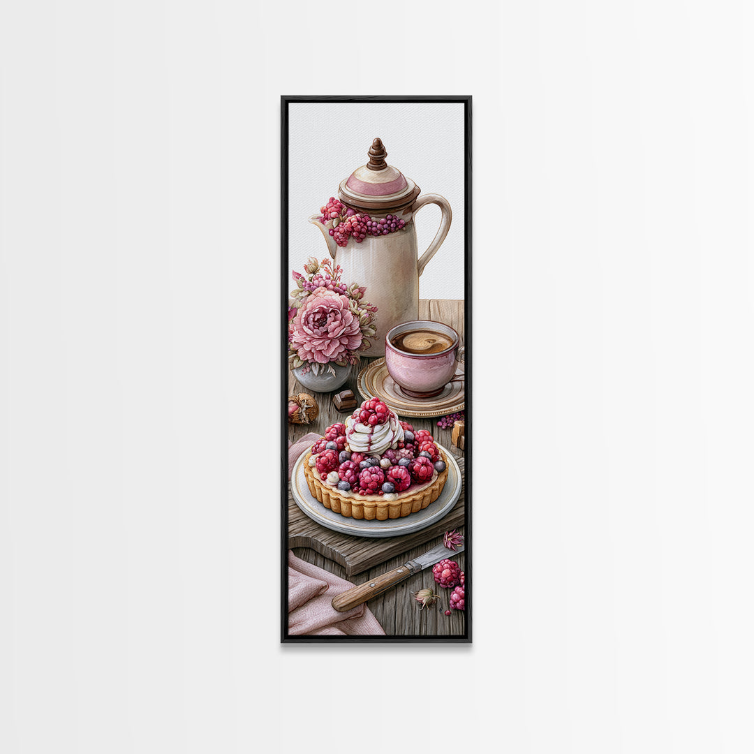 Dessert Tart with Berries and Cream Framed Canvas Print, Restaurant Art, Watercolor Painting, Restaurant Decor, Oil Painting, RES-1x3-76