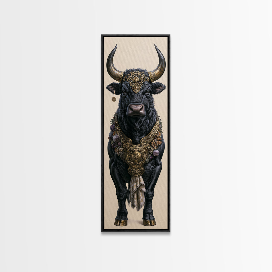Steakhouse Black and Gold Bull Portrait Framed Canvas Print, Restaurant Art, Boho Decor, Restaurant Decor, Fine Art, Bistro, RES-1x3-91