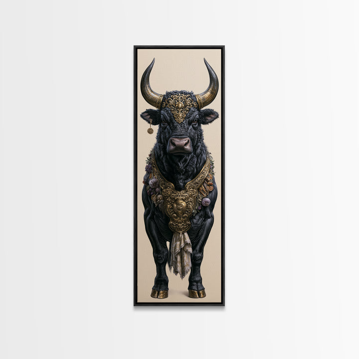 Steakhouse Black and Gold Bull Portrait Framed Canvas Print, Restaurant Art, Boho Decor, Restaurant Decor, Fine Art, Bistro, RES-1x3-91