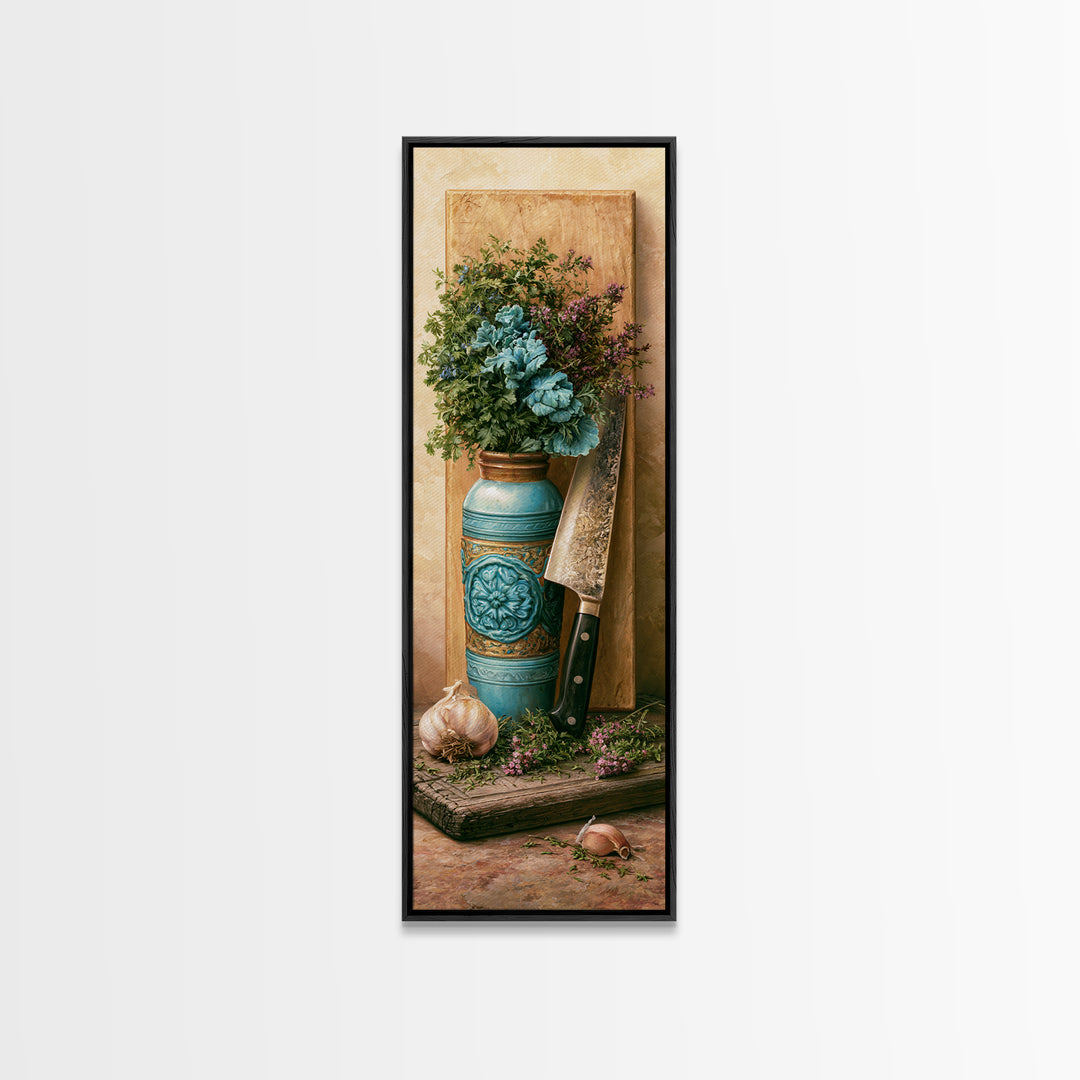 Chef Knife Herbs and Cutting Board Still Canvas Print, Restaurant Art, Boho Decor, Restaurant Decor, Oil Painting, Bistro, RES-1x3-97