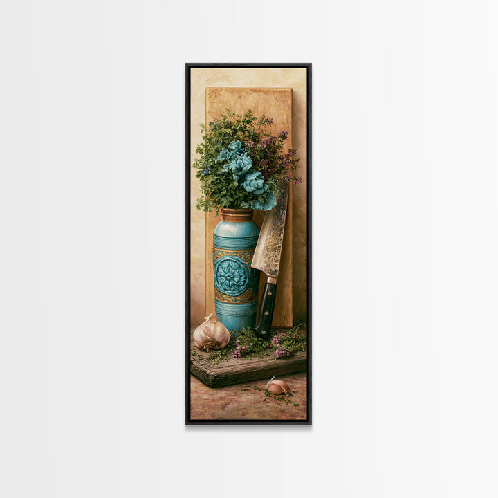 Chef Knife Herbs and Cutting Board Still Canvas Print, Restaurant Art, Boho Decor, Restaurant Decor, Oil Painting, Bistro, RES-1x3-97