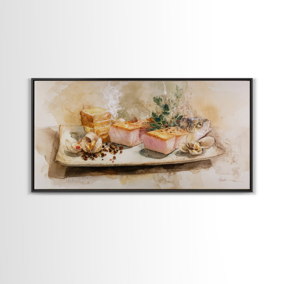 Sushi Fish and Ceramic Plate Composition Framed Canvas Print, Restaurant Art, Large Wall Art, Restaurant Decor, Bistro, RES-2x1-1
