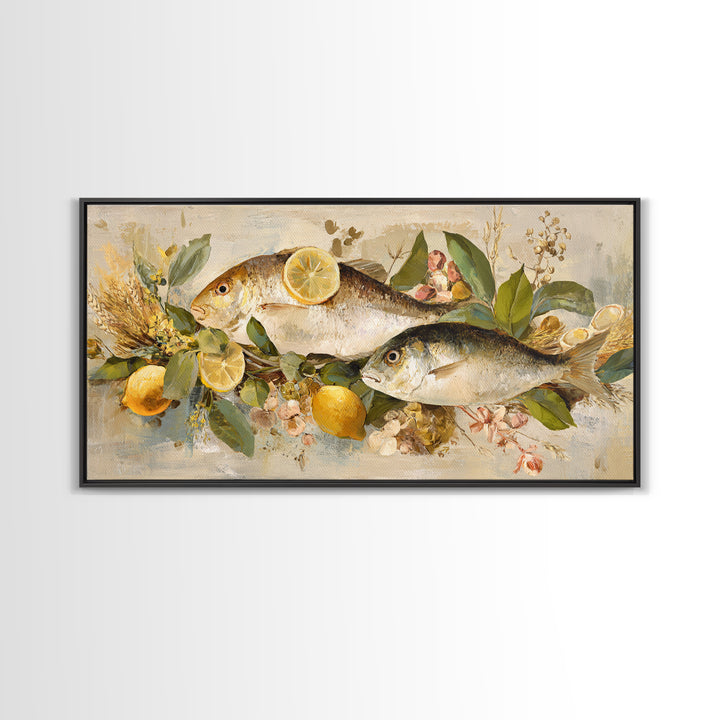 Fresh Fish with Lemon and Herbs Framed Canvas Print, Restaurant Art, Cool Wall Art, Restaurant Decor, Fine Art, Bistro, RES-2x1-19