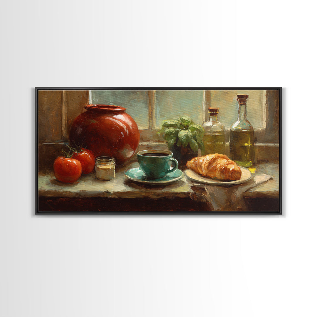 French Bistro Coffee and Croissant Still Life Canvas Print, Restaurant Art, Restaurant Decor, Abstract Art, Bistro, RES-2x1-2