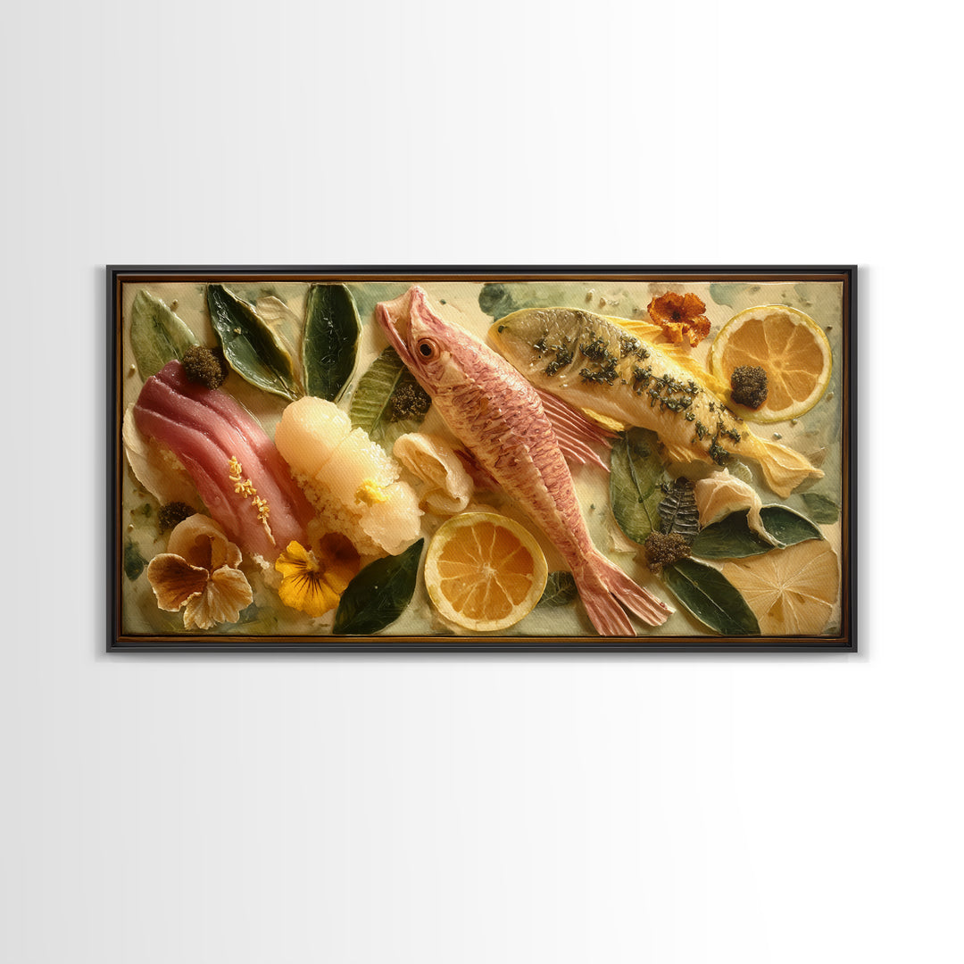 Sushi Fish and Ceramic Plate Composition Framed Canvas Print, Restaurant Art, Large Wall Art, Restaurant Decor, Bistro, RES-2x1-25