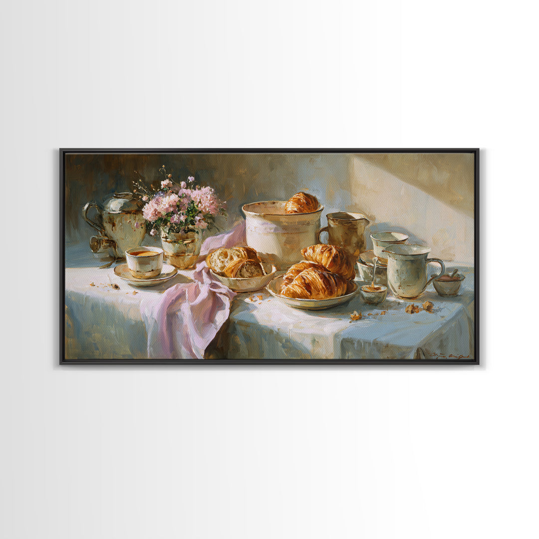 French Bistro Coffee and Croissant Still Life Canvas Print, Restaurant Art, Restaurant Decor, Abstract Art, Bistro, RES-2x1-26
