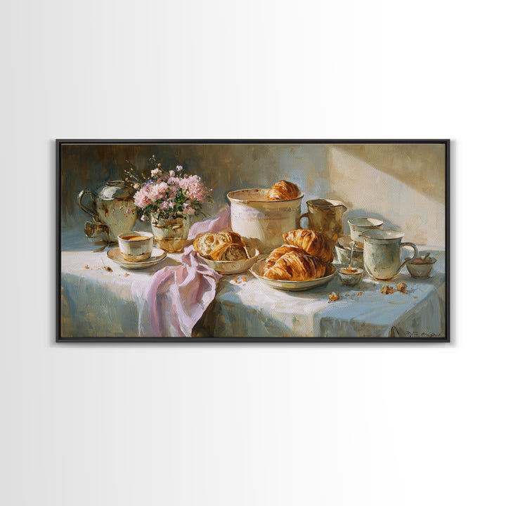 French Bistro Coffee and Croissant Still Life Canvas Print, Restaurant Art, Restaurant Decor, Abstract Art, Bistro, RES-2x1-26