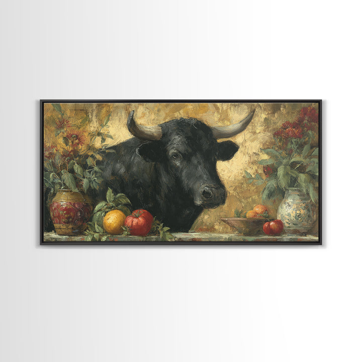Steakhouse Black and Gold Bull Portrait Framed Canvas Print, Restaurant Art, Boho Decor, Restaurant Decor, Fine Art, Bistro, RES-2x1-27