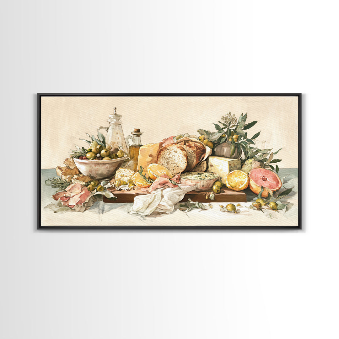 Mediterranean Olives Bread and Cheese Board Canvas Print, Restaurant Art, Framed Wall Art, Restaurant Decor, Bistro, Food Art, RES-2x1-29