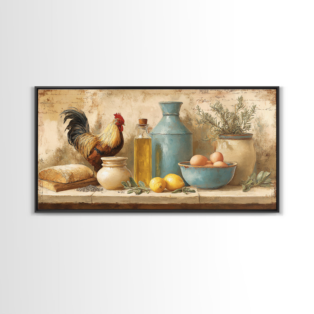 Rooster and Herbs for Farmhouse Restaurant Mood Framed Canvas Print, Restaurant Art, Poster, Restaurant Decor, Fine Art, Bistro, RES-2x1-40