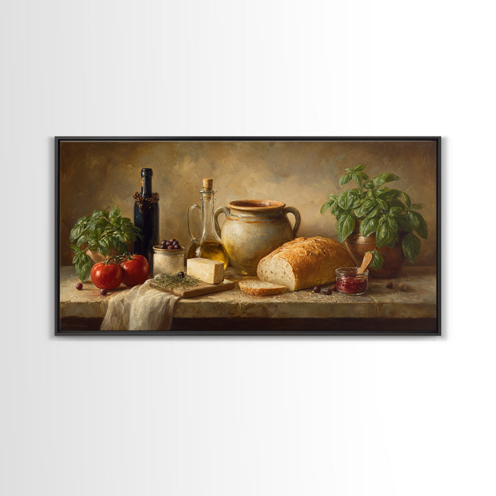 Mediterranean Olives Bread and Cheese Board Canvas Print, Restaurant Art, Framed Wall Art, Restaurant Decor, Bistro, Food Art, RES-2x1-5