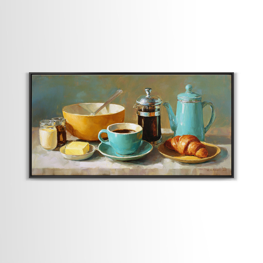 French Bistro Coffee and Croissant Still Life Framed Canvas Print, Restaurant Art, Wall Decor, Restaurant Decor, Bistro, RES-2x1-50