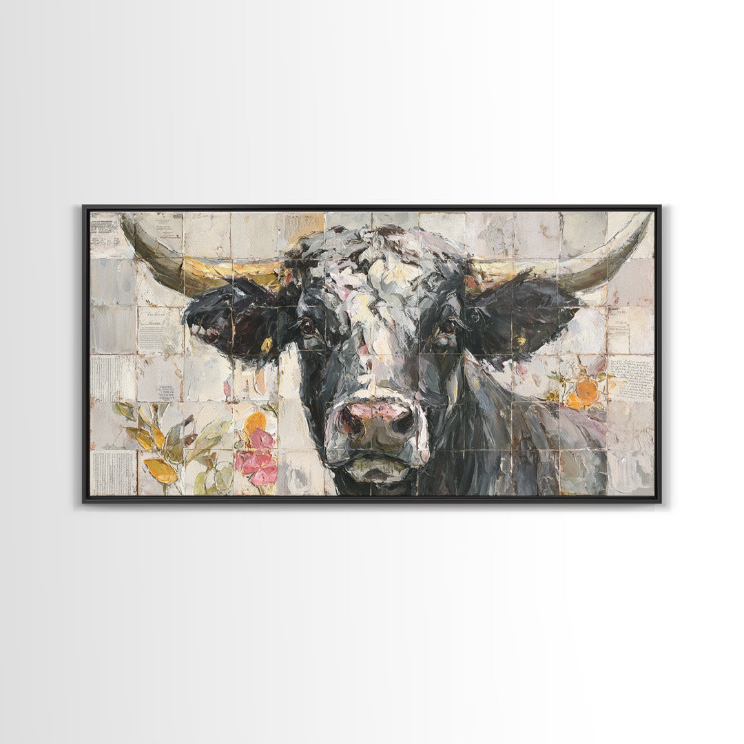 Steakhouse Black and Gold Bull Portrait Framed Canvas Print, Restaurant Art, Farmhouse Decor, Restaurant Decor, Bistro, RES-2x1-51