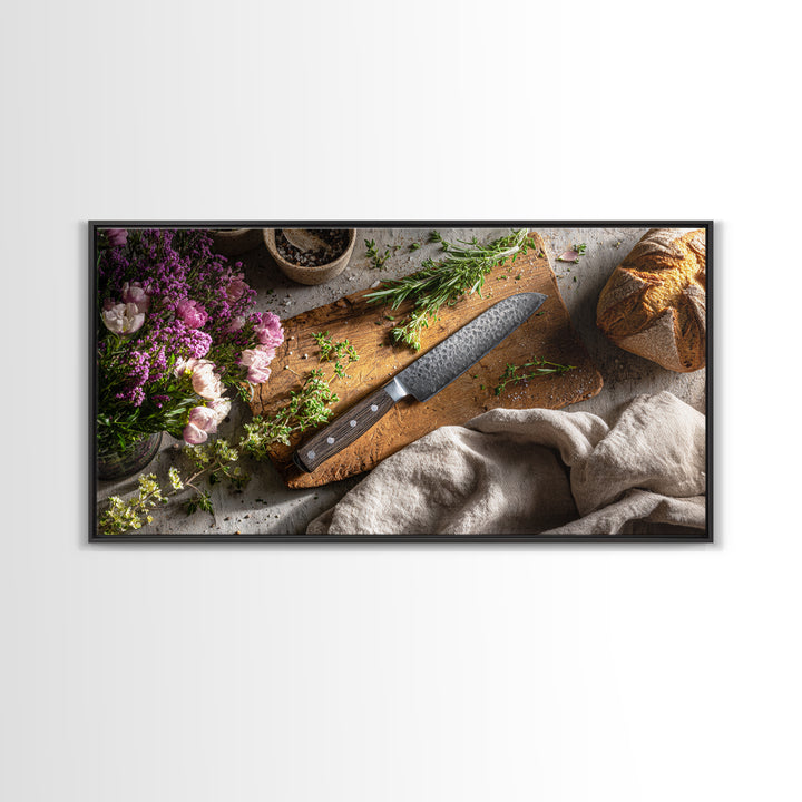 Chef Knife Herbs and Cutting Board Still Canvas Print, Restaurant Art, Canvas Wall Art, Restaurant Decor, Fine Art, Bistro, RES-2x1-57
