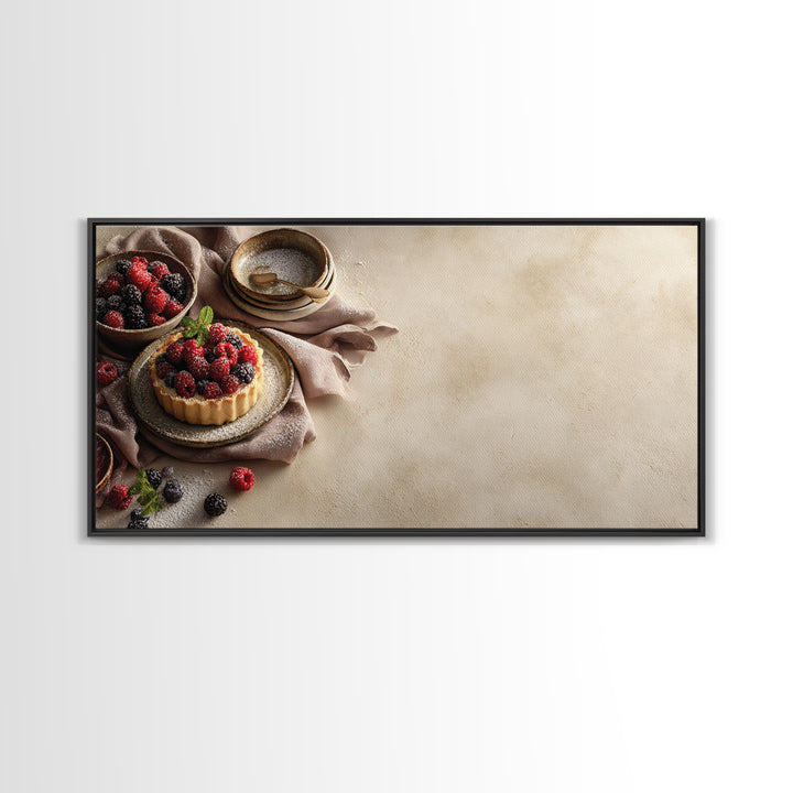 Dessert Tart with Berries and Cream Framed Canvas Print, Restaurant Art, Restaurant Decor, Oil Painting, Bistro, RES-2x1-60