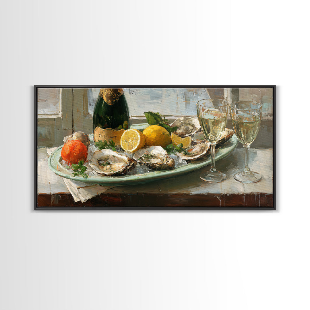 Oyster Platter with Lemons and Champagne Canvas Print, Restaurant Art, Watercolor Art, Restaurant Decor, Abstract Art, Bistro, RES-2x1-71