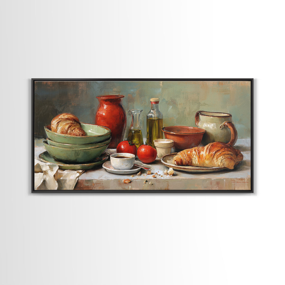 French Bistro Coffee and Croissant Still Life Canvas Print, Restaurant Art, Framed Wall Art, Restaurant Decor, Watercolor Art, RES-2x1-74