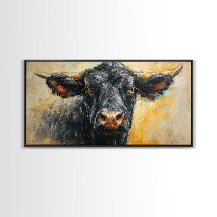 Steakhouse Black and Gold Bull Portrait Framed Canvas Print, Restaurant Art, Room Decor, Restaurant Decor, Oil Painting, Bistro, RES-2x1-75