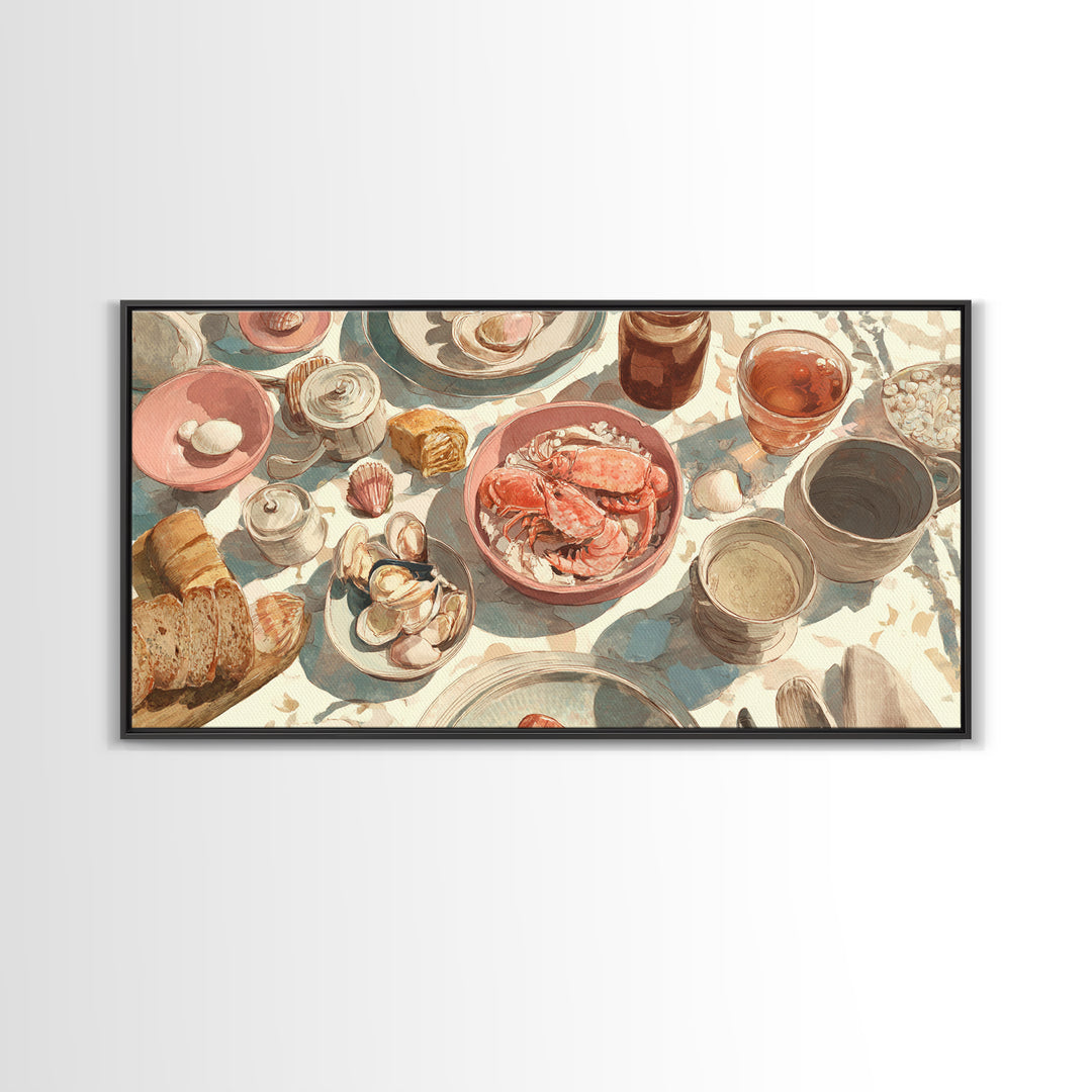 Seafood Lobster and Shell Arrangement Canvas Print, Restaurant Art, Kitchen Art, Restaurant Decor, Fine Art, Bistro, Food Art, RES-2x1-76