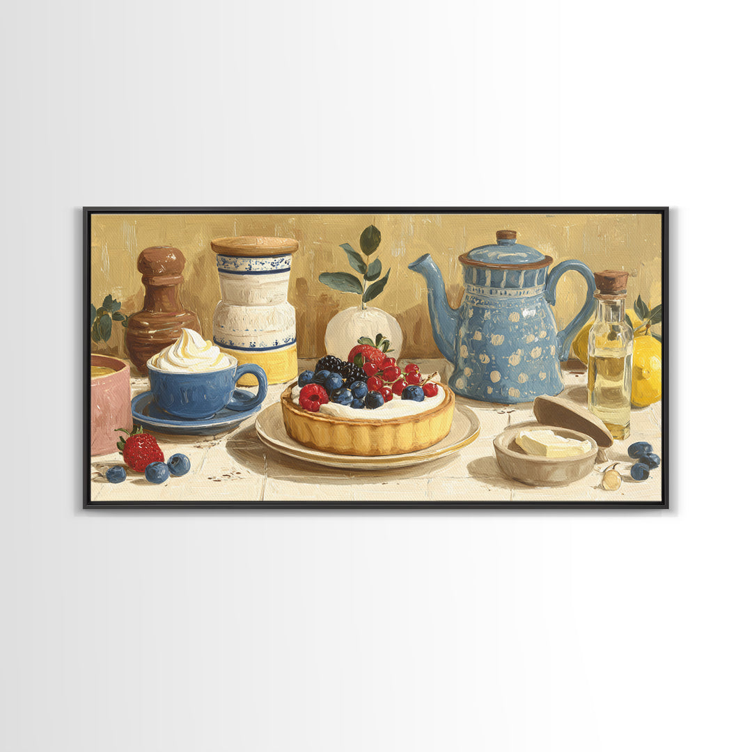Dessert Tart with Berries and Cream Framed Canvas Print, Restaurant Art, Living Room Decor, Restaurant Decor, Fine Art, Bistro, RES-2x1-84