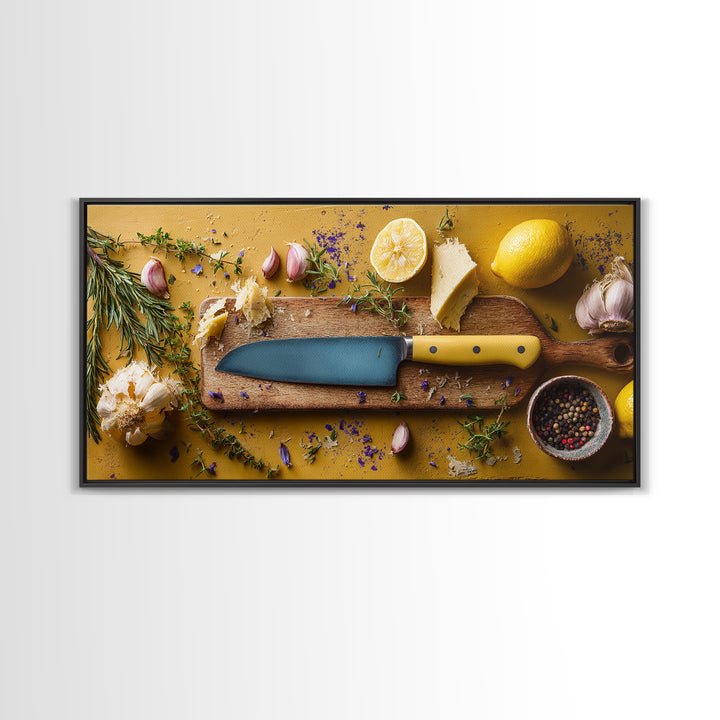 Chef Knife Herbs and Cutting Board Still Framed Canvas Print, Restaurant Art, Art Print, Restaurant Decor, Fine Art, Bistro, RES-2x1-9