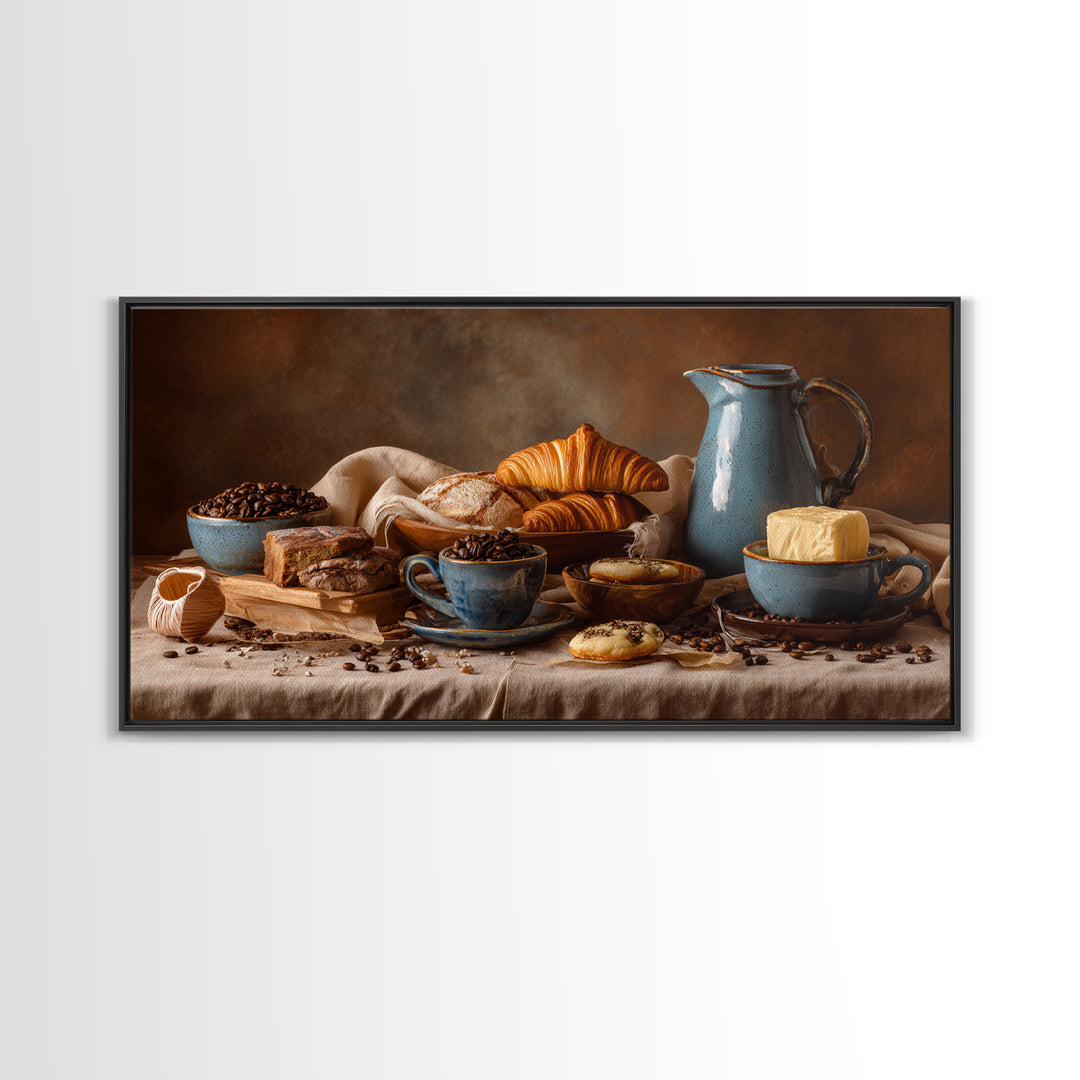Coffee Beans and Pastry Arrangement Framed Canvas Print, Restaurant Art, Restaurant Decor, Oil Painting, Bistro, RES-2x1-90