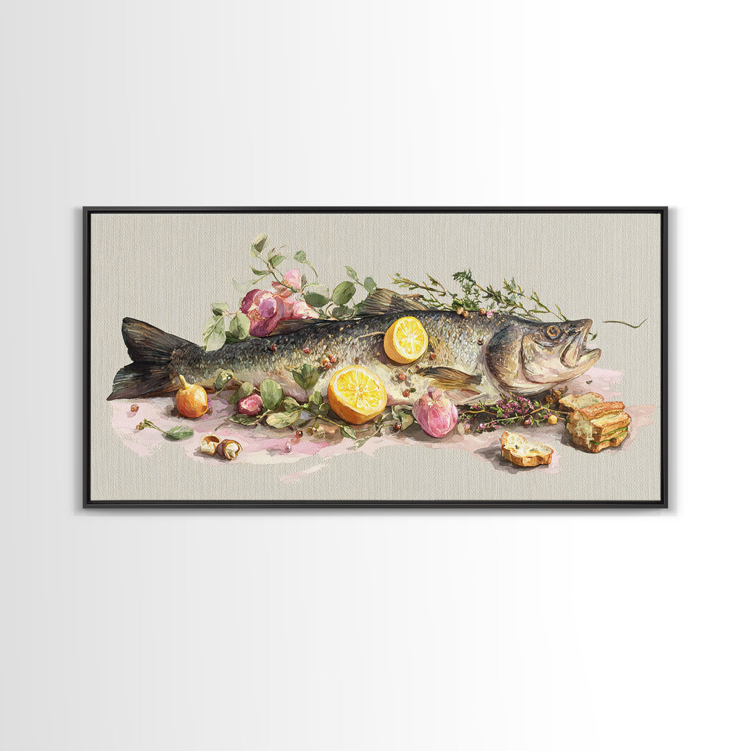 Fresh Fish with Lemon and Herbs Framed Canvas Print, Restaurant Art, Kitchen Decor, Restaurant Decor, Fine Art, Bistro, RES-2x1-91