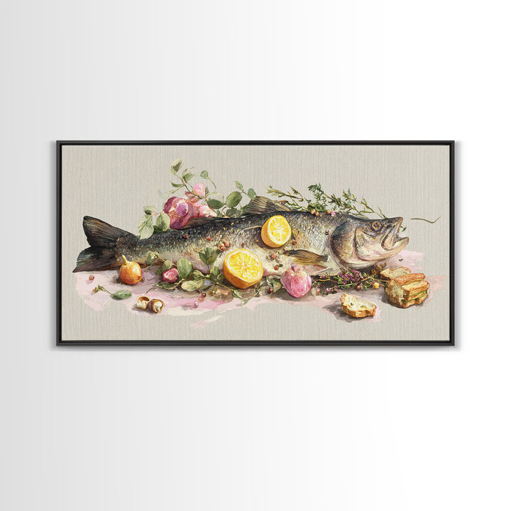 Fresh Fish with Lemon and Herbs Framed Canvas Print, Restaurant Art, Kitchen Decor, Restaurant Decor, Fine Art, Bistro, RES-2x1-91